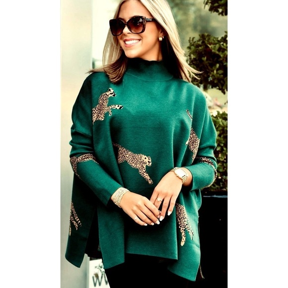 Sweaters - LAST 1! Hunter Green Cheetah Print Oversized Side Slit Cozy Thick Sweater!
